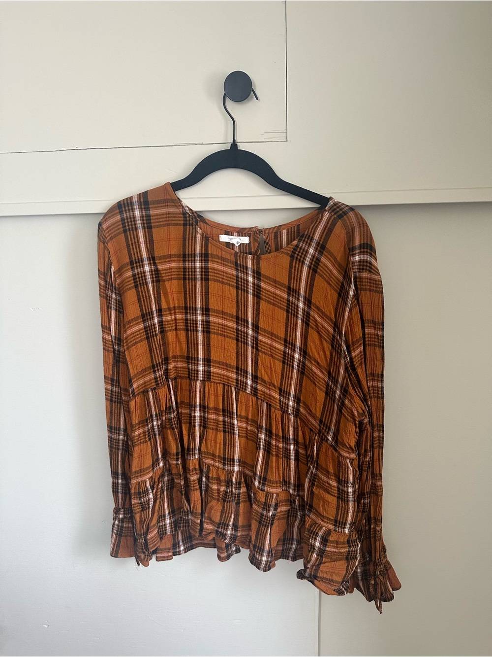 Maurices Orange Plaid Peplum Long-Sleeve Tunic